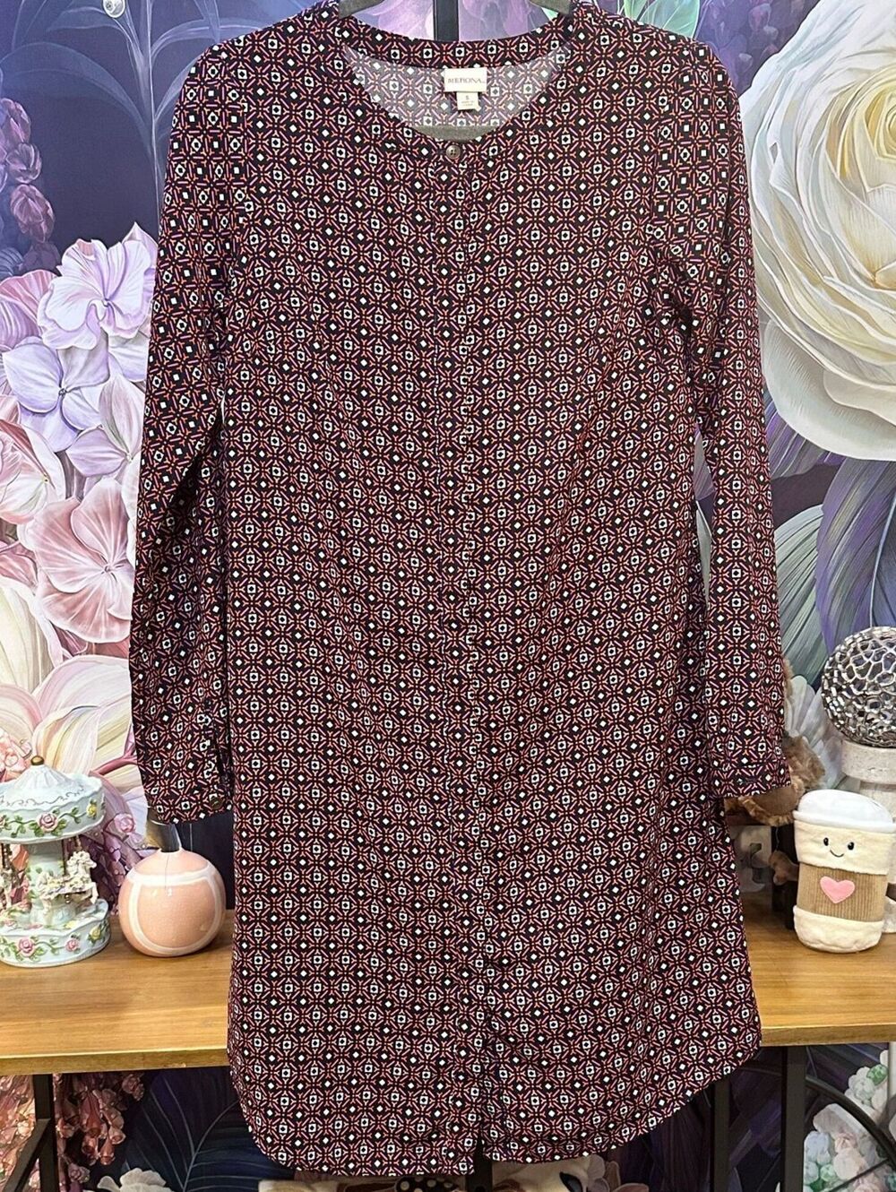 Merona S Geometric Pattern Long Sleeve Button Front Shift Dress Boho Retro Mod
